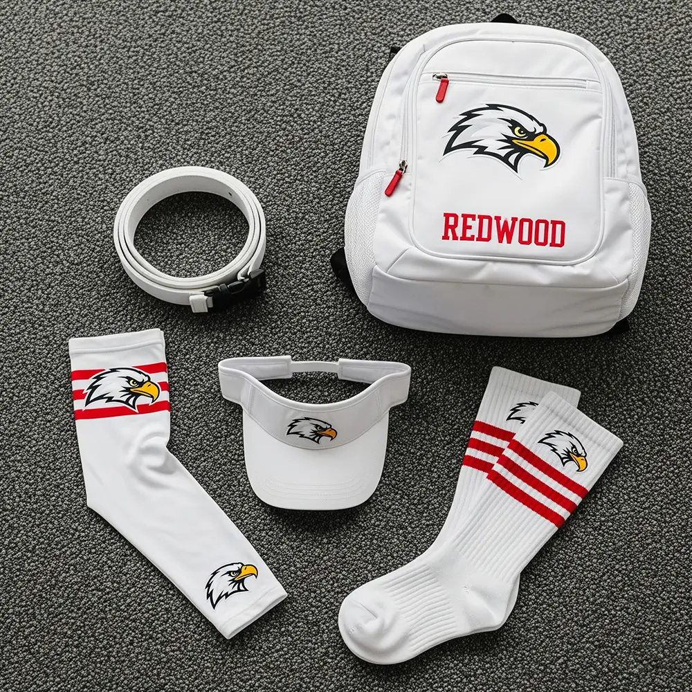 softball accessories belt, socks, visor, sleeves, and backpack