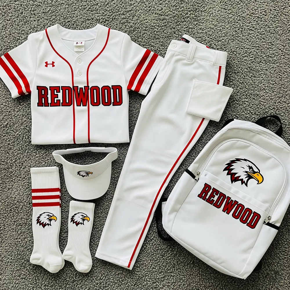 custom softball uniforms package jersey, pants, socks, visor, and backpack