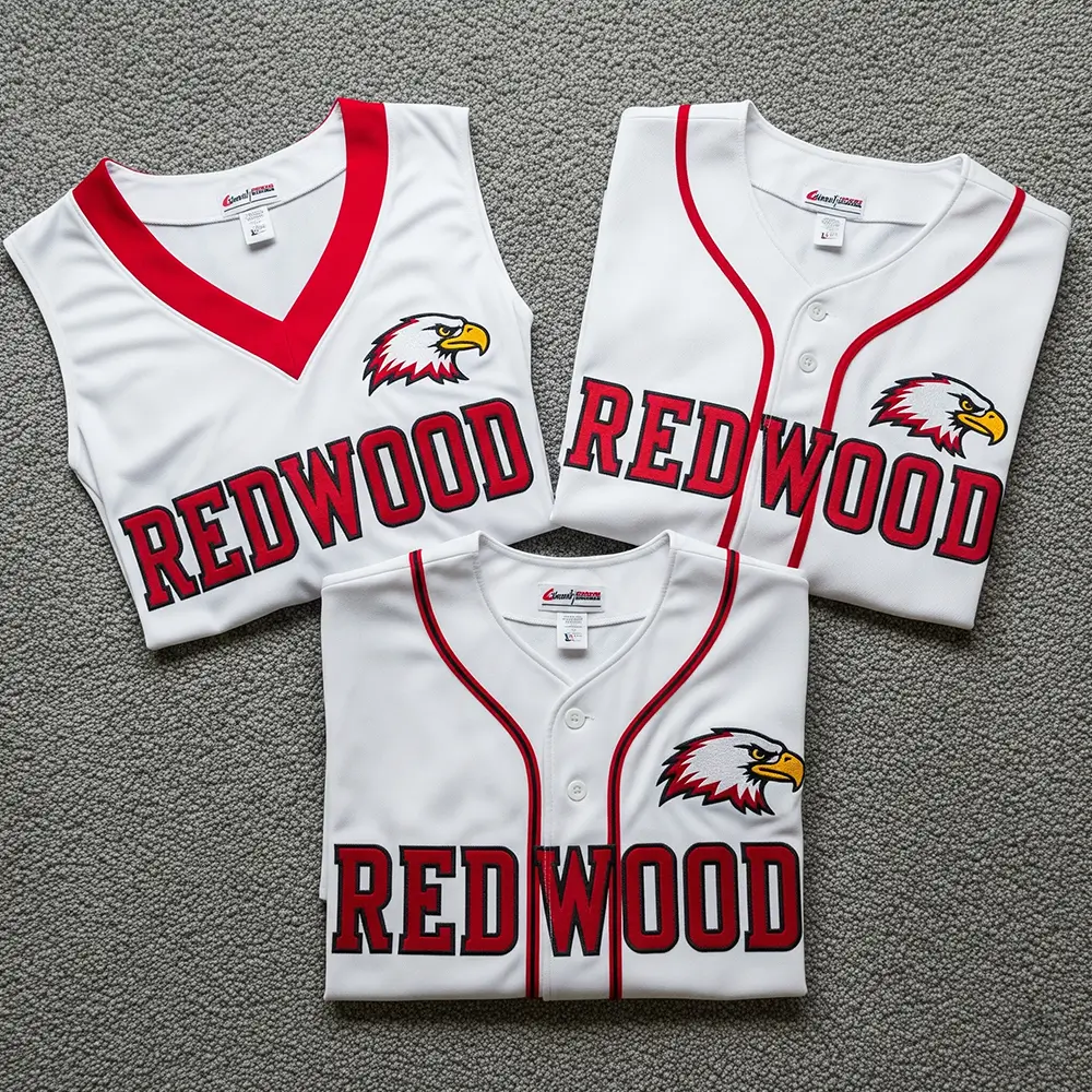 white and red folded V-neck sleeveless, 2 button, and full button softball jerseys