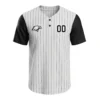 white 2 button baseball jersey with black pinstripes and short sleeves