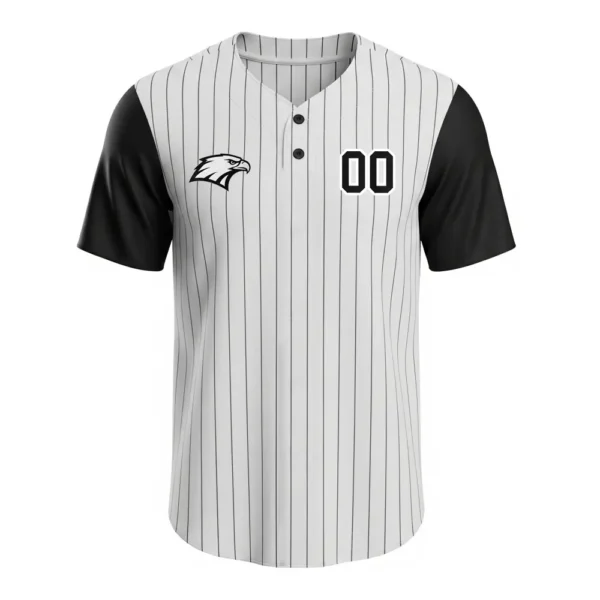 white 2 button baseball jersey with black pinstripes and short sleeves