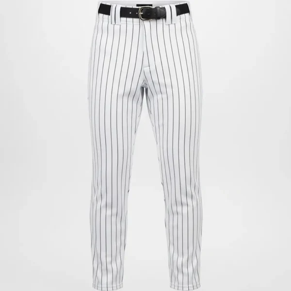 white baseball pants front with black stripes and black belt