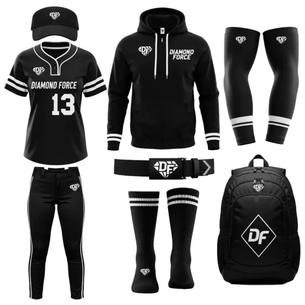diamond force softball uniform package with visor, jersey, pants, hoodie, belt, socks, sleeves, and backpack