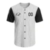white full button baseball jersey front with black short sleeves, pinstripes, custom team logo, and player number