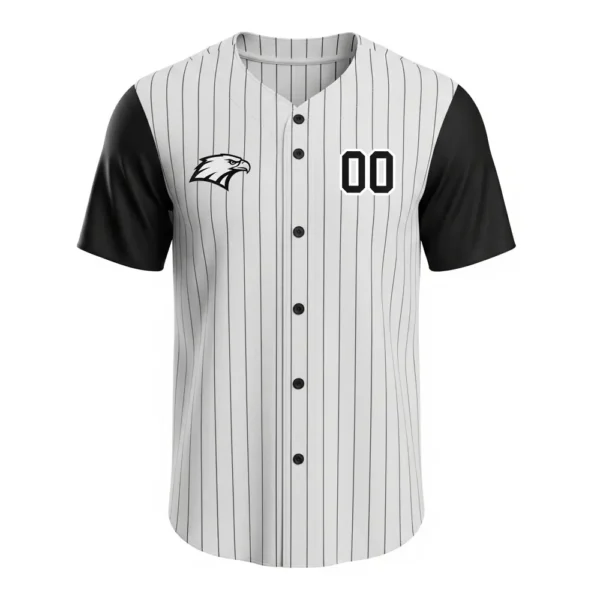 white full button baseball jersey front with black short sleeves, pinstripes, custom team logo, and player number