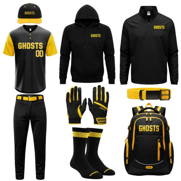 Ghosts black and yellow custom baseball uniform package with jersey, pants and other gear