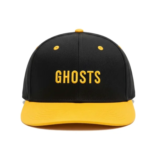 black and yellow baseball hat with yellow embroidered text