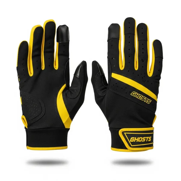 black and yellow baseball batting gloves with custom team name
