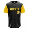 black baseball jersey front with yellow short sleeves and custom team name and player number