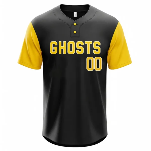 black baseball jersey front with yellow short sleeves and custom team name and player number