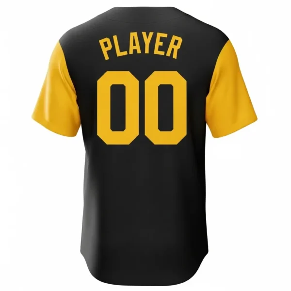 black baseball jersey back with yellow short sleeves and custom player name and number