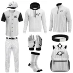white with black pinstripes youth baseball uniform package with jersey pants and other accessories