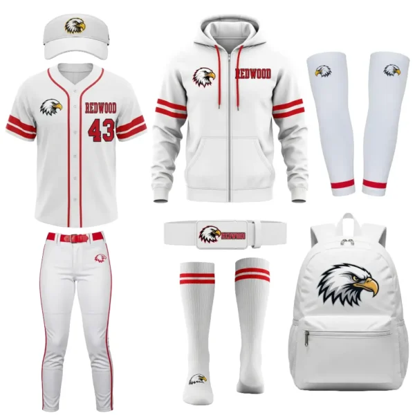 Redwood softball uniform package with visor, jersey, pants, hoodie, belt, socks, sleeves, and backpack