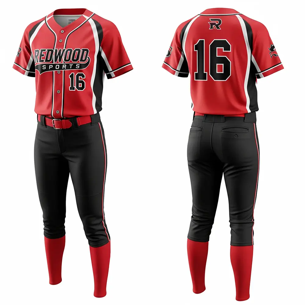 red and black softball uniform, full button red jersey and black pants