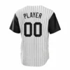 white baseball jersey back with black short sleeves, pinstripes, custom player name, and number
