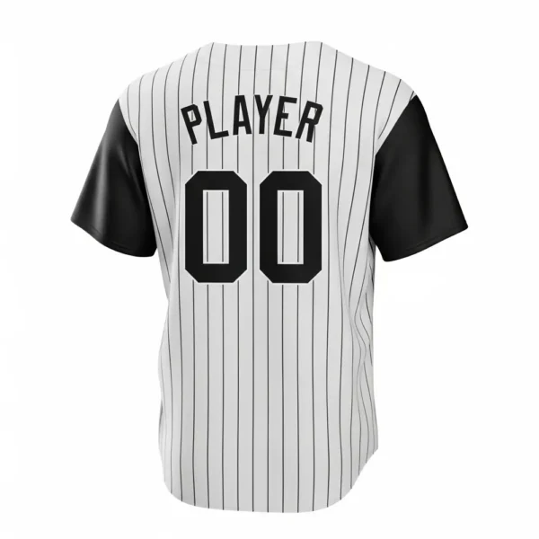 white baseball jersey back with black short sleeves, pinstripes, custom player name, and number