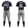 Sublimated navy blue and grey softball uniform, full button navy blue jersey and grey pants