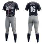 Sublimated navy blue and grey softball uniform, full button navy blue jersey and grey pants