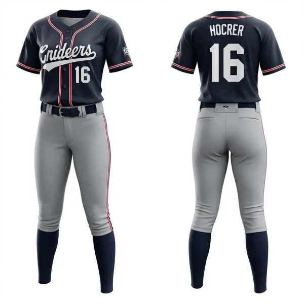 Sublimated navy blue and grey softball uniform, full button navy blue jersey and grey pants