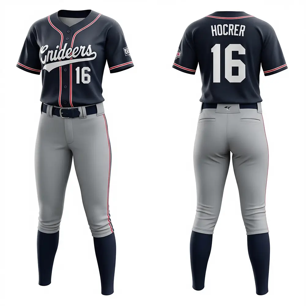Sublimated navy blue and grey softball uniform, full button navy blue jersey and grey pants