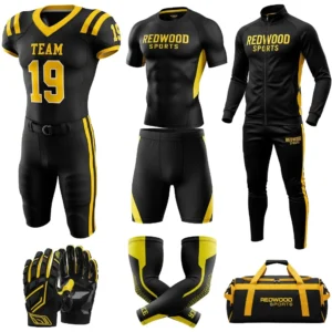 black and yellow sublimated football uniform package