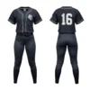 Dark blue grey softball uniform, full button jersey and pants