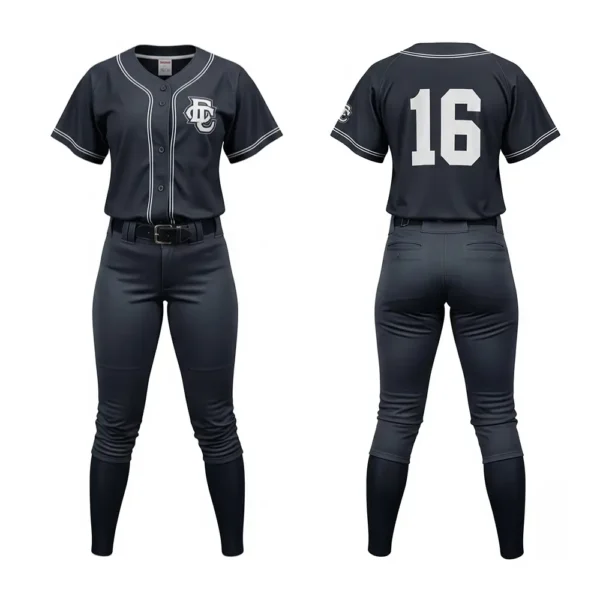 Dark blue grey softball uniform, full button jersey and pants