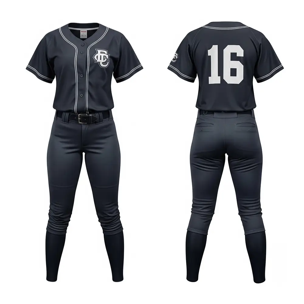 Dark blue grey softball uniform, full button jersey and pants
