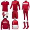 custom soccer goalie uniform package with goalie jersey, shorts, polo shirt, tracksuit, hoodie, socks, gloves, and backpack