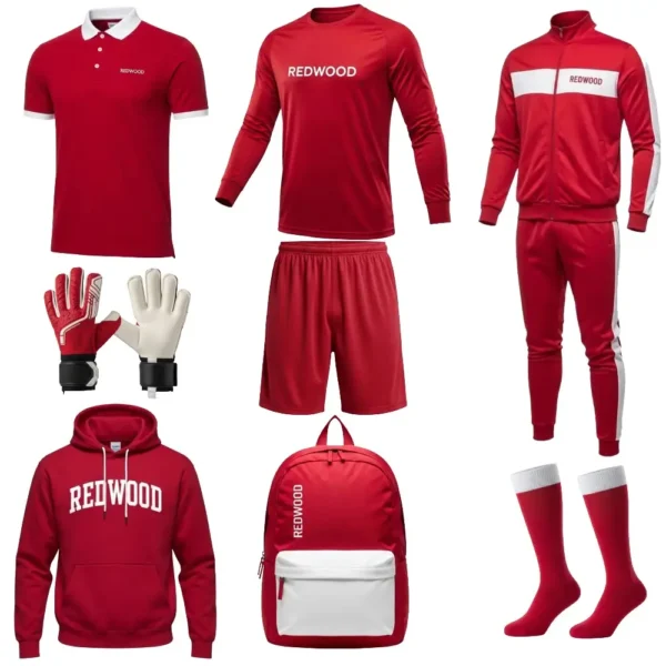 custom soccer goalie uniform package with goalie jersey, shorts, polo shirt, tracksuit, hoodie, socks, gloves, and backpack
