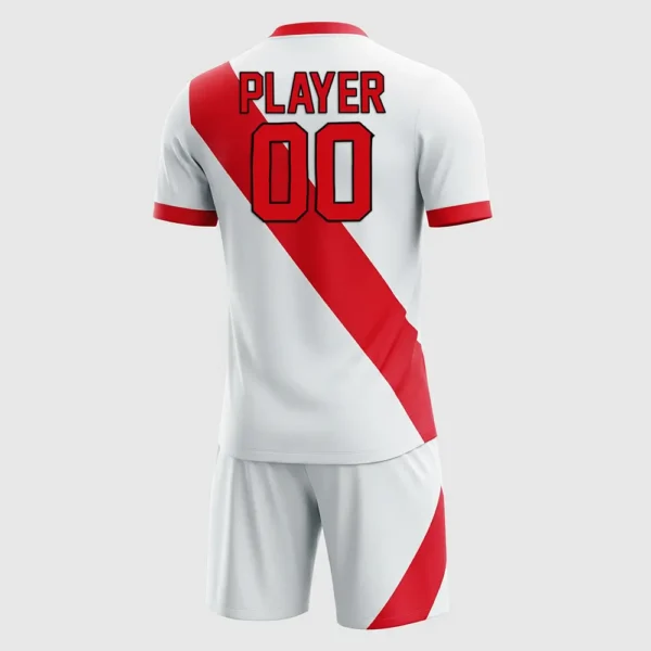 back of white soccer uniform with red asymmetrical stripe and player name and number