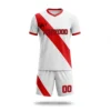front of white soccer uniform with red asymmetrical stripe and team name and logo