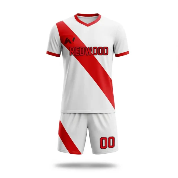 front of white soccer uniform with red asymmetrical stripe and team name and logo