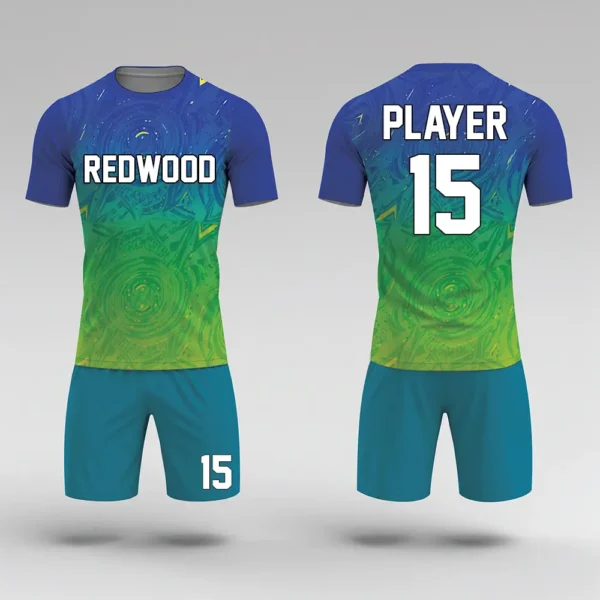 sublimated blue and green gradient soccer uniform front and back