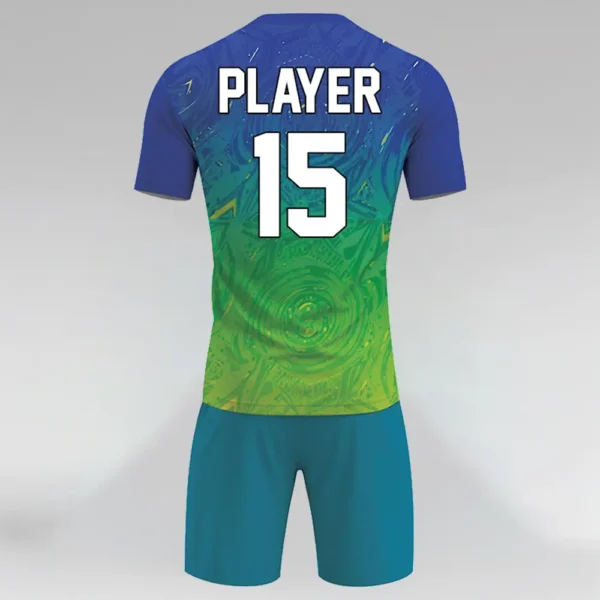 sublimated blue and green soccer uniform back