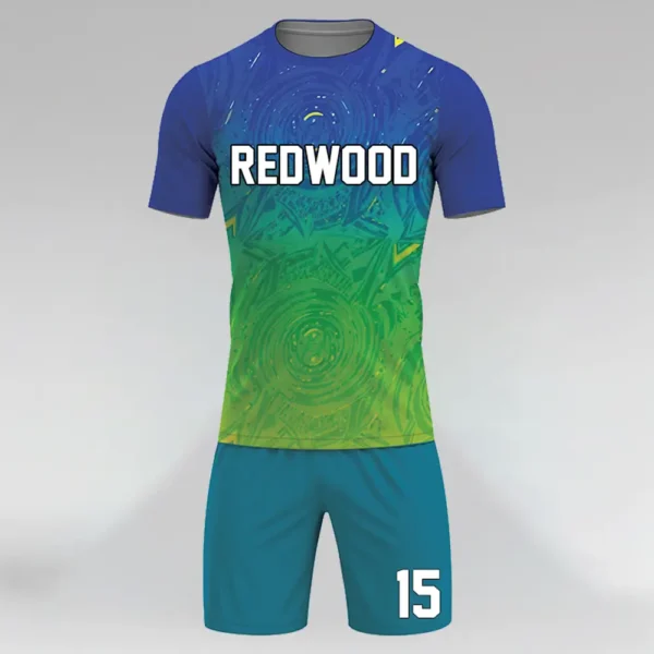 sublimated blue and green soccer uniform front