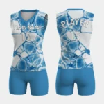 blue and white women's sleeveless volleyball uniform
