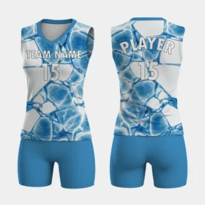 blue and white women's sleeveless volleyball uniform