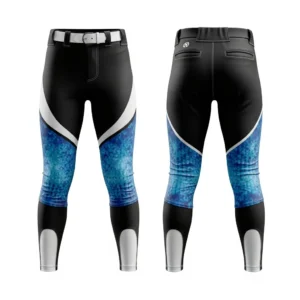 A product image of two-toned black and white softball pants with a vibrant blue scale design, displayed from the front and back.