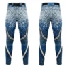 A product image of custom baseball pants, featuring a blue and white geometric star pattern and a unique laurel design, shown from the front and back.