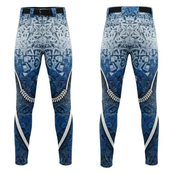 A product image of custom baseball pants, featuring a blue and white geometric star pattern and a unique laurel design, shown from the front and back.