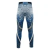 Back view of custom baseball pants with a blue and white geometric pattern and a white laurel design running down the outside of the legs.
