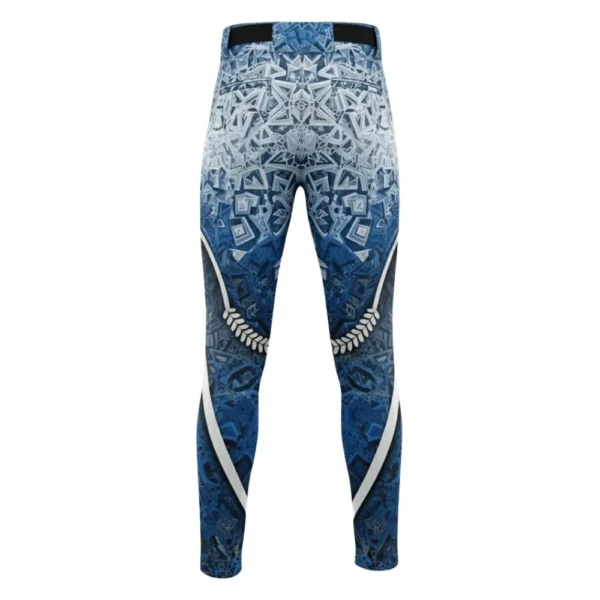 Back view of custom baseball pants with a blue and white geometric pattern and a white laurel design running down the outside of the legs.