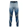 Front view of custom baseball pants with a blue and white geometric, star-like pattern and a prominent white laurel design on the sides.