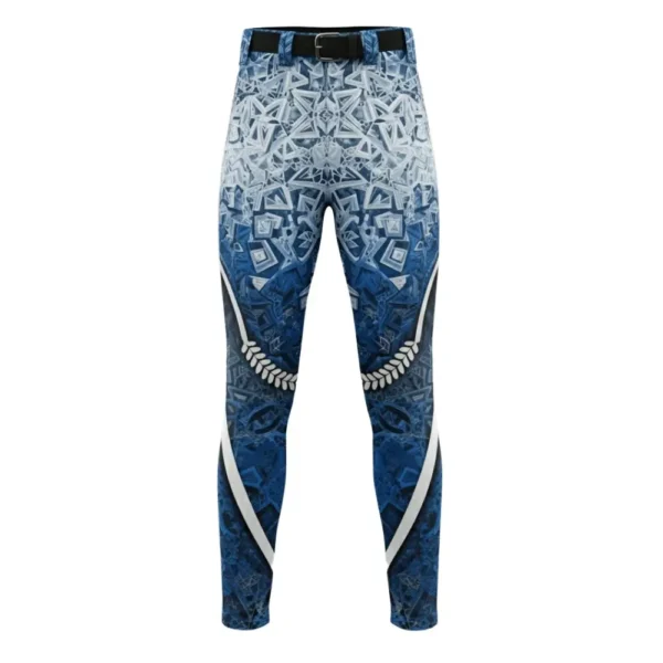 Front view of custom baseball pants with a blue and white geometric, star-like pattern and a prominent white laurel design on the sides.