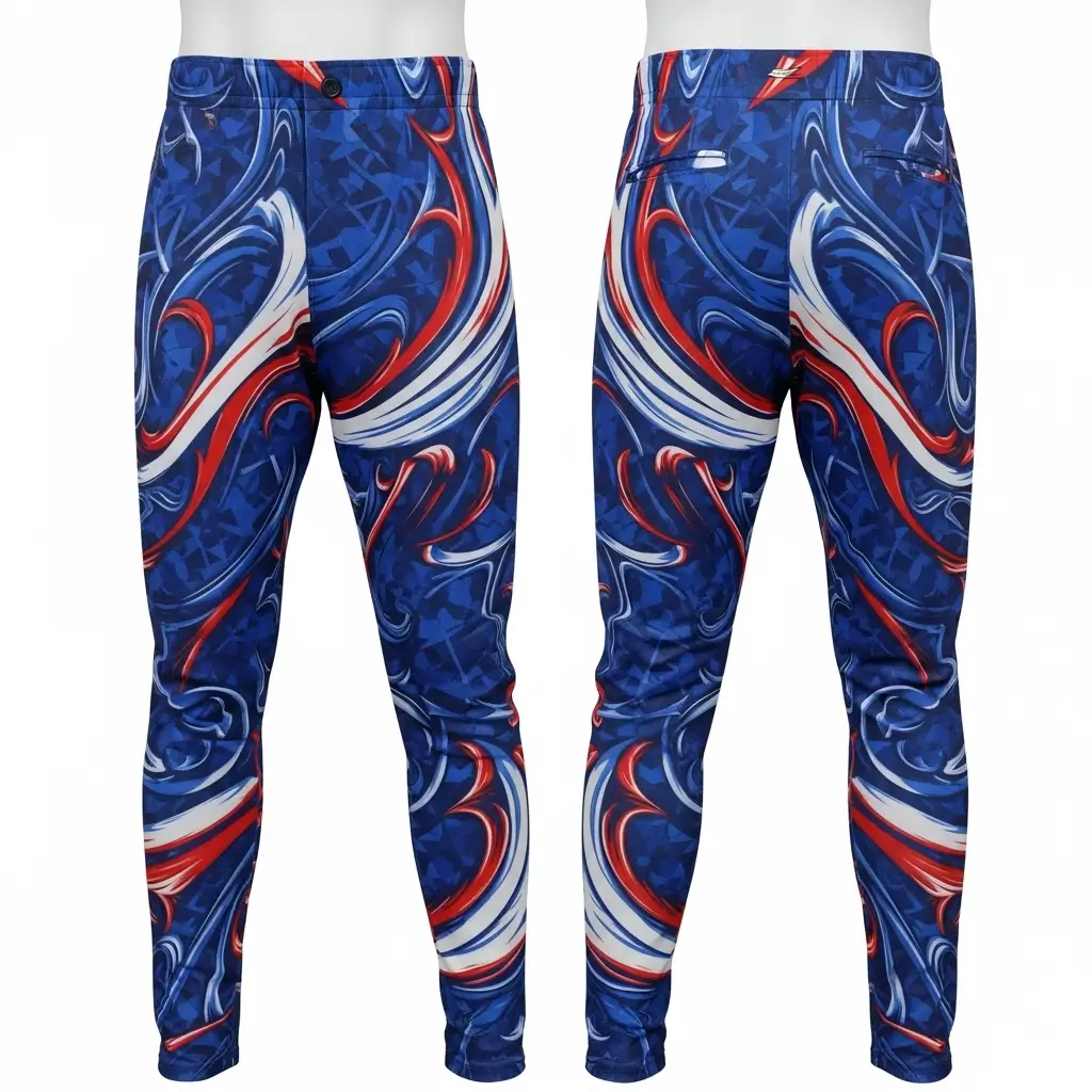 A product image of custom baseball pants with a bold blue, red, and white abstract swirl design, displayed from both the front and back.