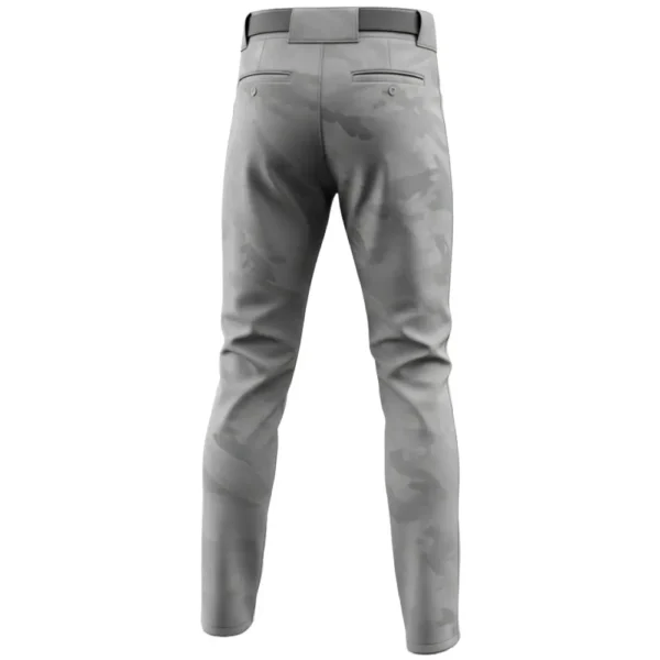 Back view of gray camo baseball pants with a subtle camouflage print.