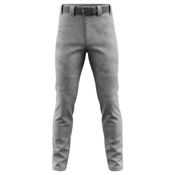 Front view of gray and white camo baseball pants with a subtle camouflage pattern.