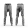 A product image of modern gray camo baseball pants, shown from the front and back.