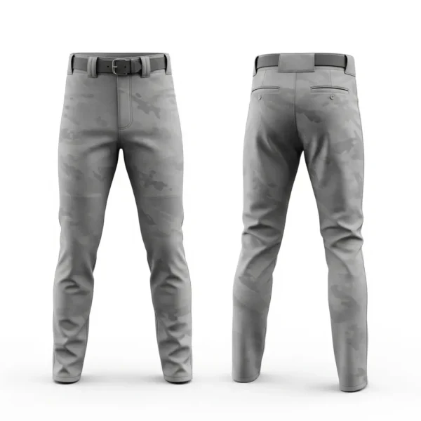 A product image of modern gray camo baseball pants, shown from the front and back.